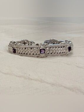 Judith Ripka Sterling Silver Amethyst Station Braided Hinged Cuff Bracelet